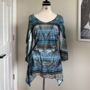 Y2K blue and green boho print long sleeve top